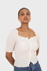Ivory square neck smocked short sleeved blouse