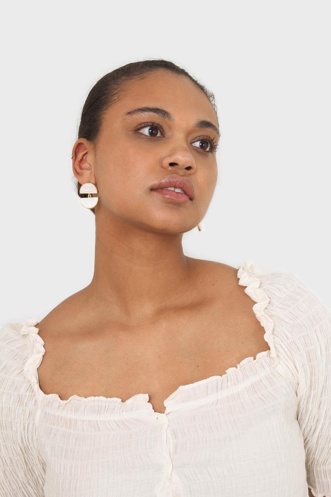 Ivory square neck smocked short sleeved blouse