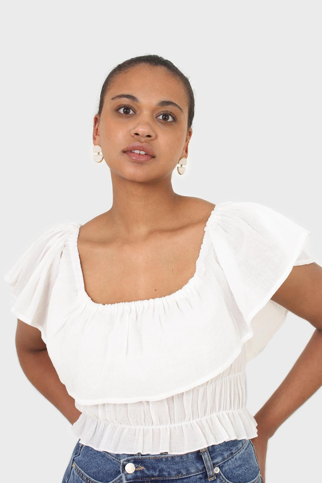 Ivory off shoulder large tier peasant top