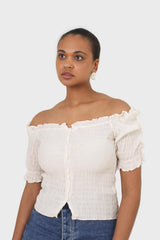 Ivory square neck smocked short sleeved blouse