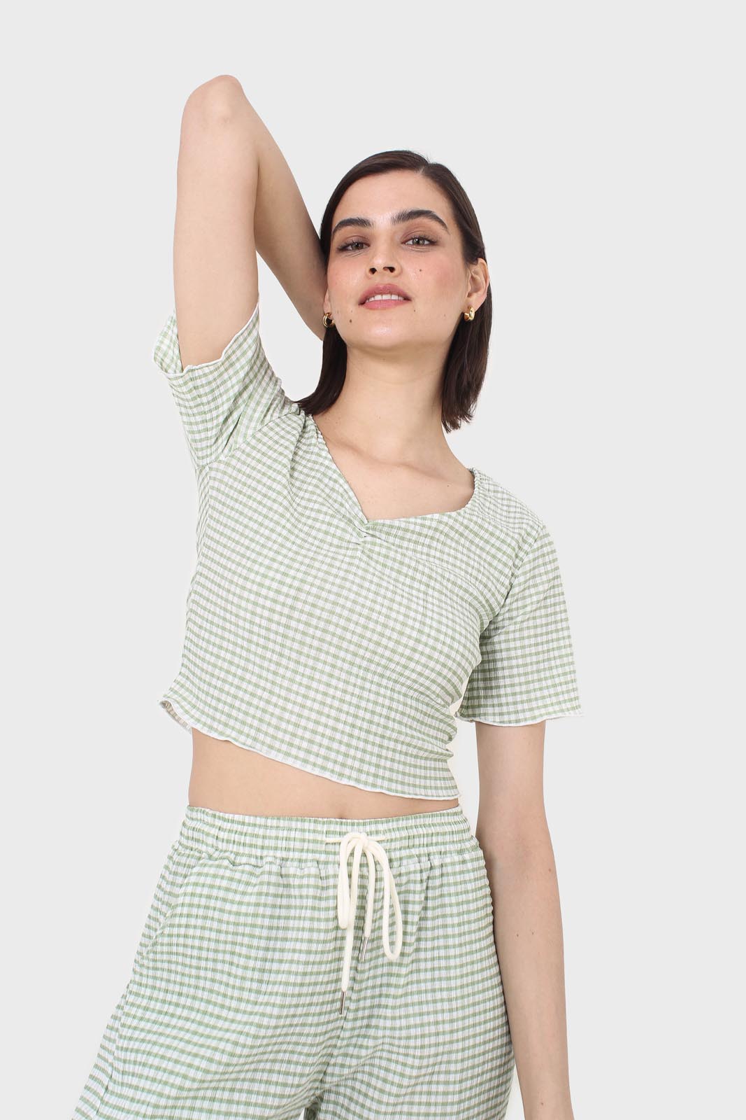 Green gingham ruched neck tee