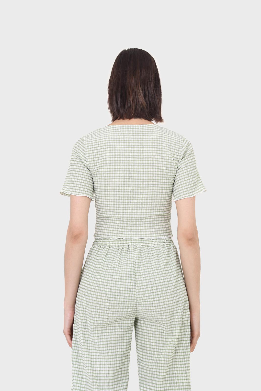 Green gingham ruched neck tee