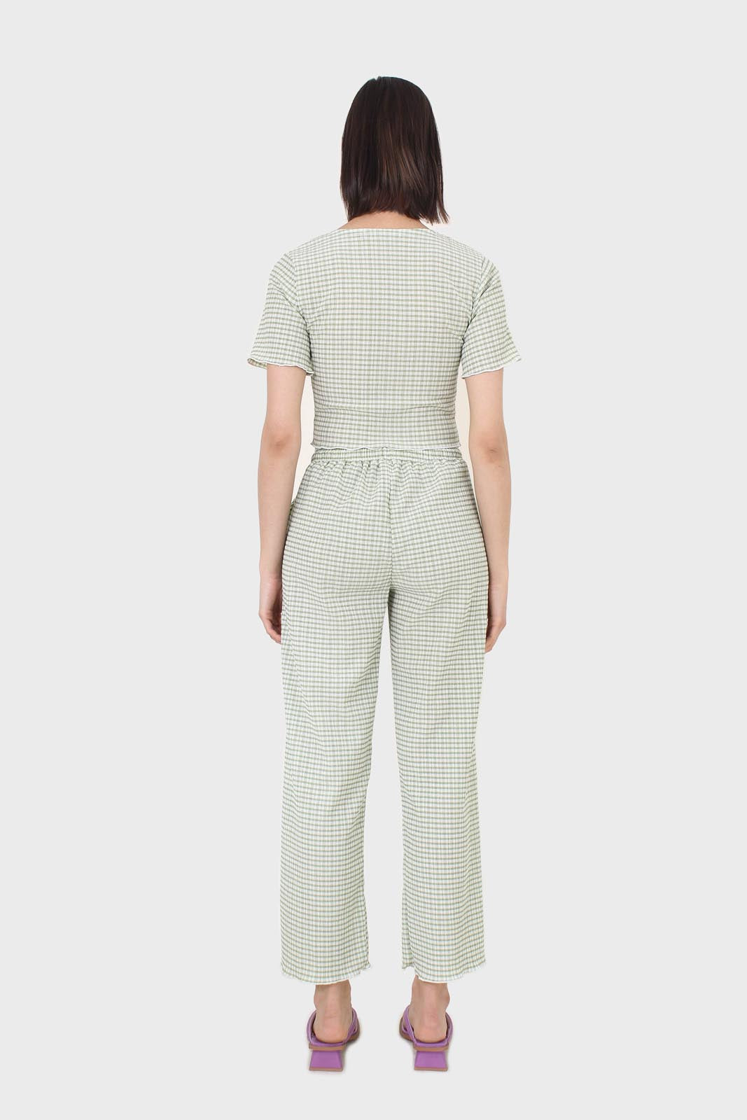 Green gingham ruched neck tee