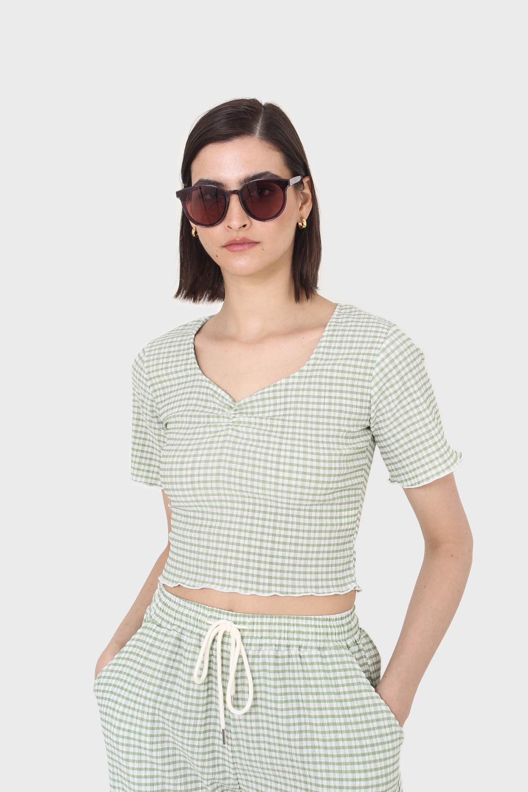 Green gingham ruched neck tee