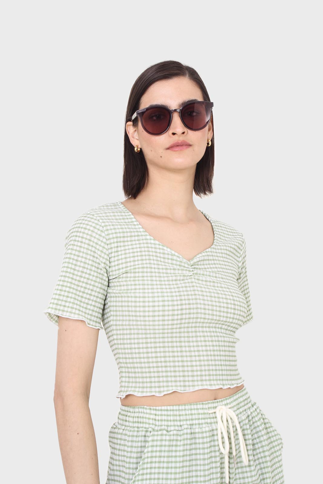 Green gingham ruched neck tee