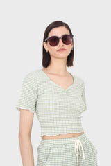 Green gingham ruched neck tee