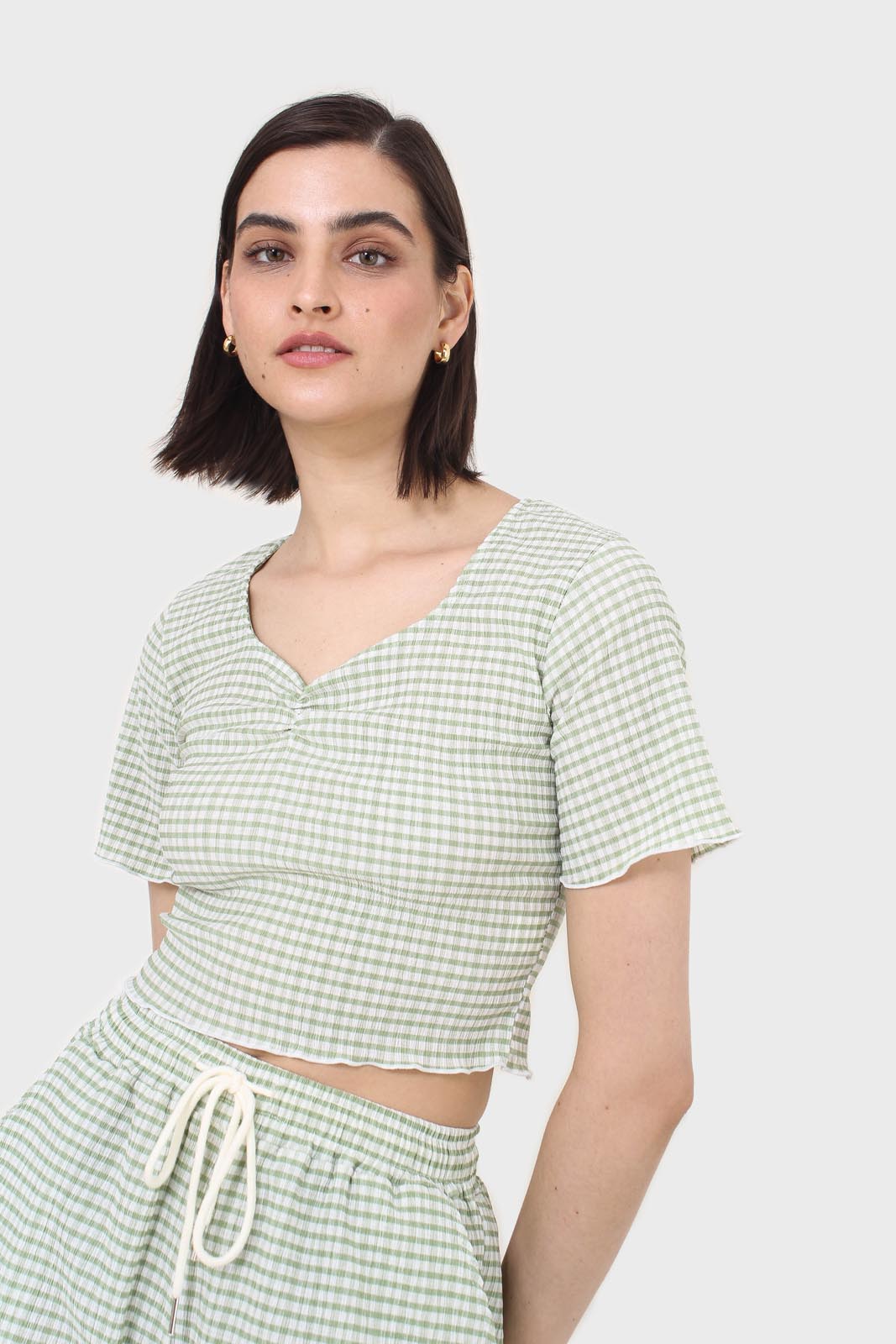 Green gingham ruched neck tee
