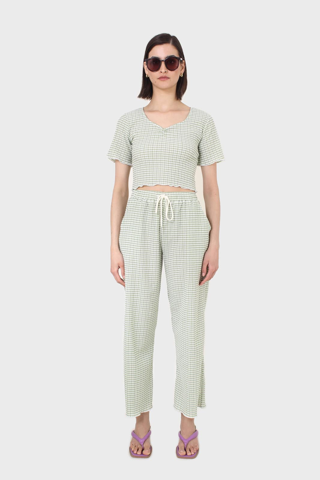 Green gingham loose fit drawstring trousers