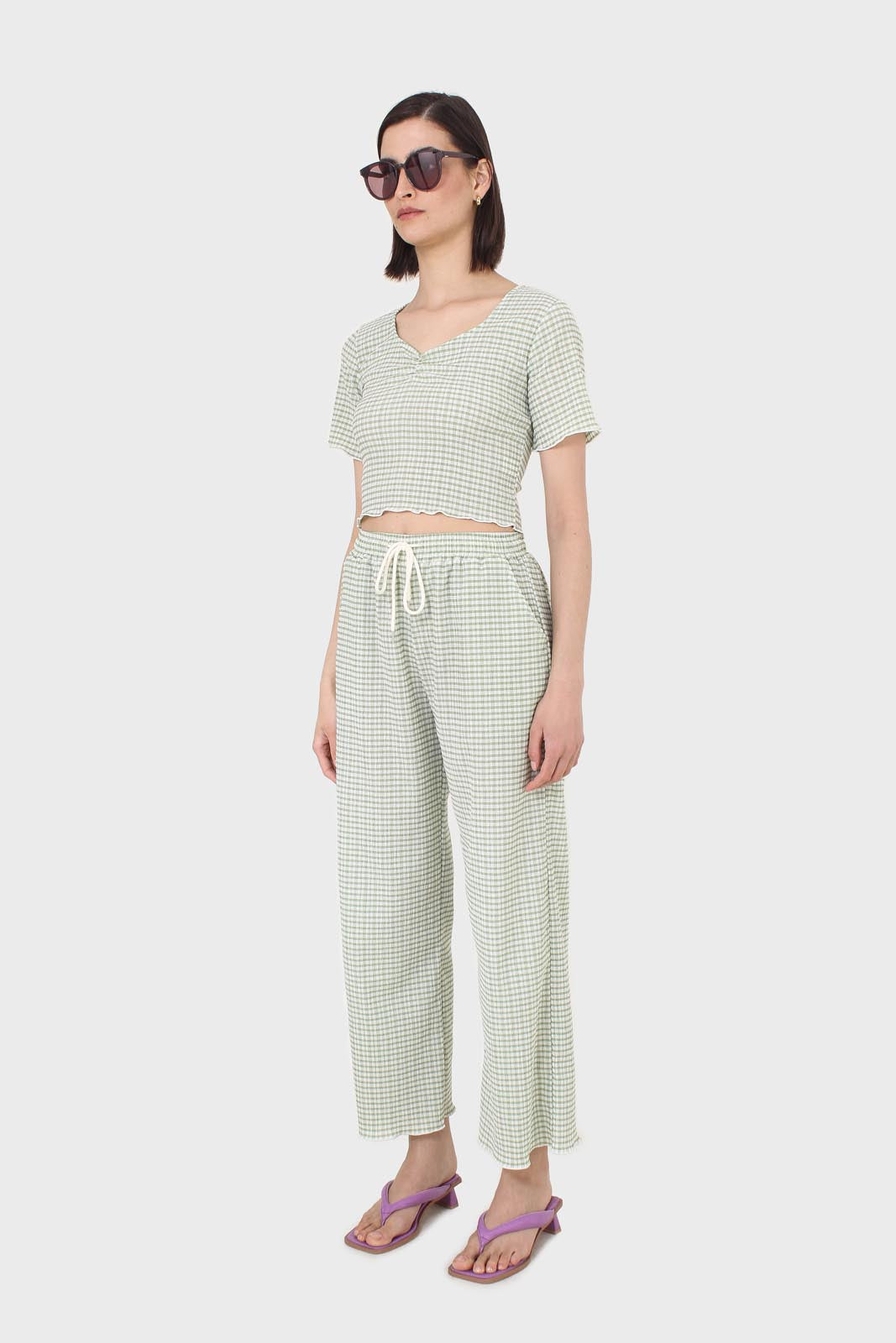 Green gingham loose fit drawstring trousers