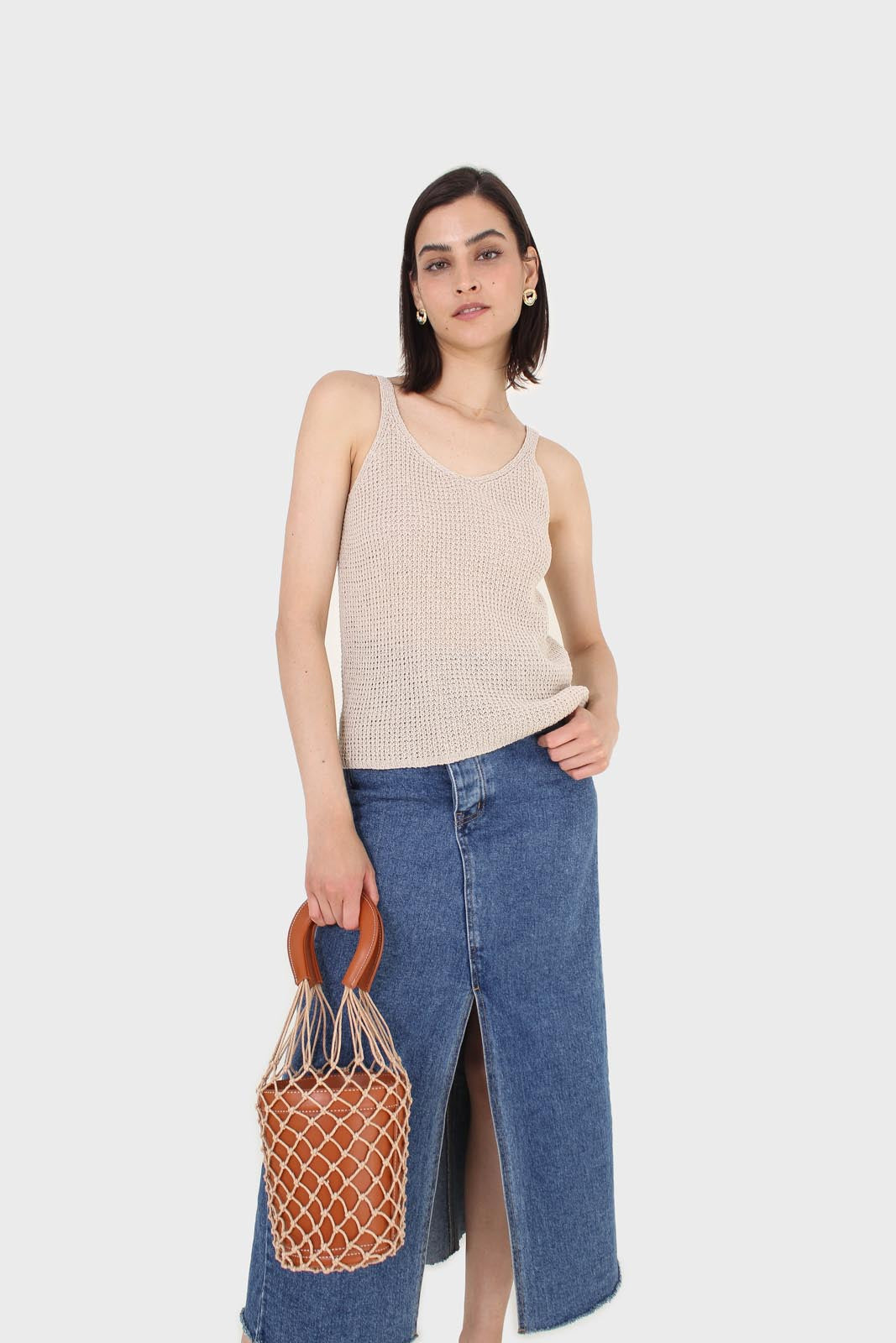 Pale beige V neck knit tank