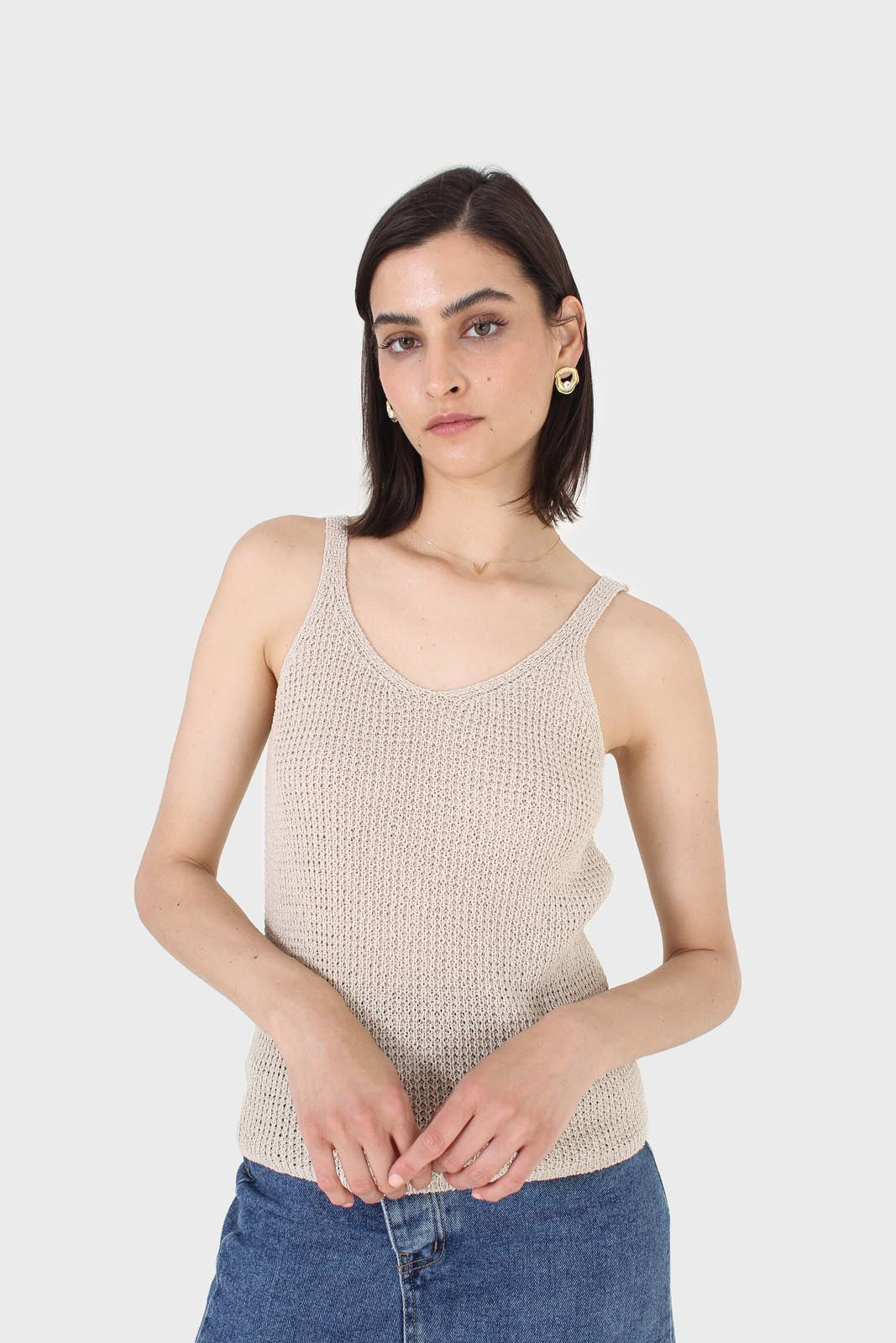 Pale beige V neck knit tank