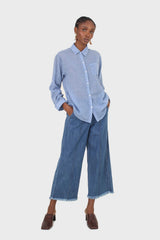 Blue pin tuck raw hem jeans