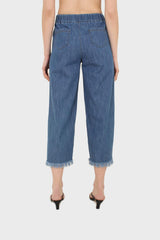 Blue pin tuck raw hem jeans