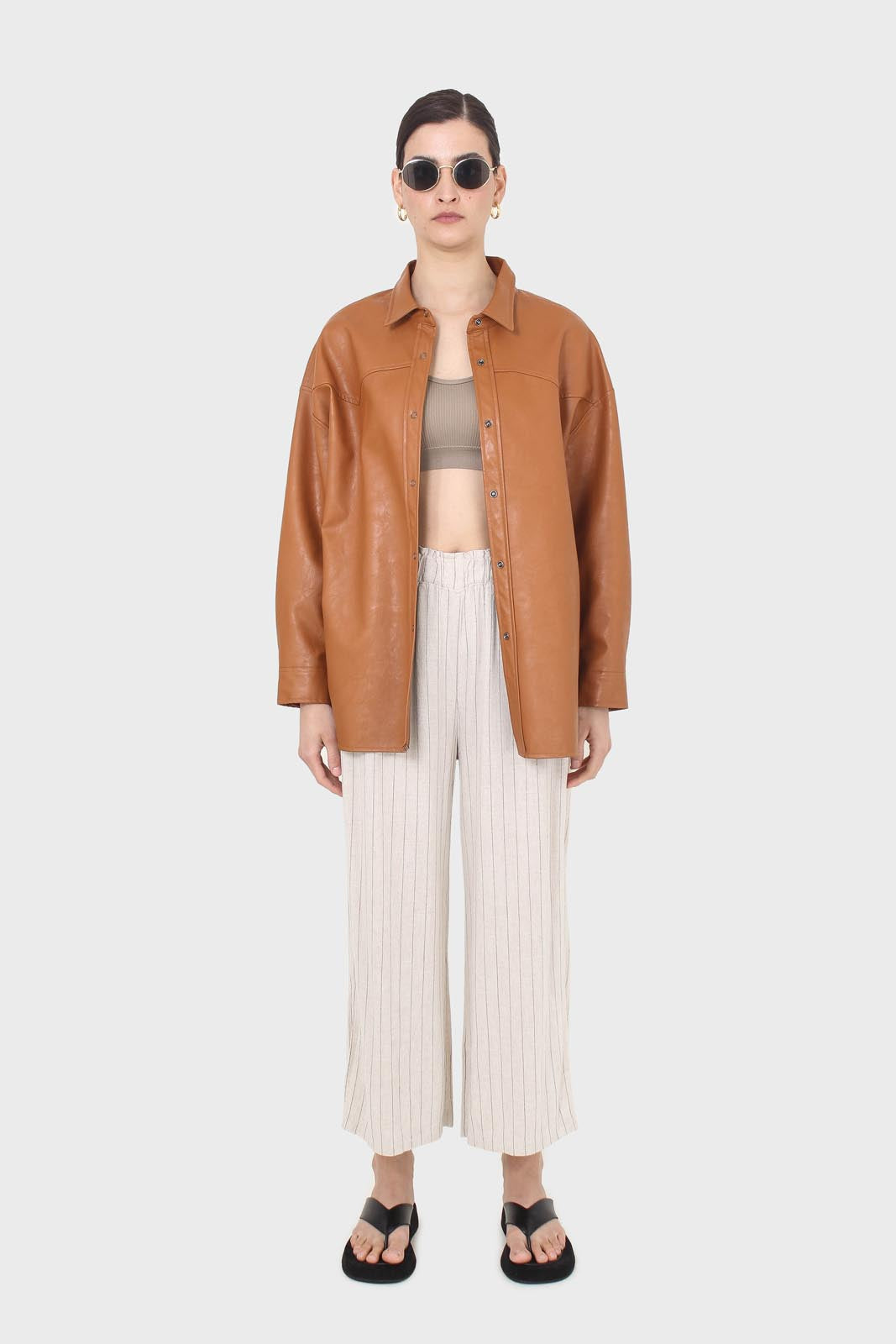 Pale beige pinstripe linen blend side slit trousers