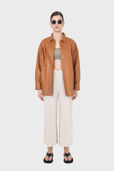 Pale beige pinstripe linen blend side slit trousers