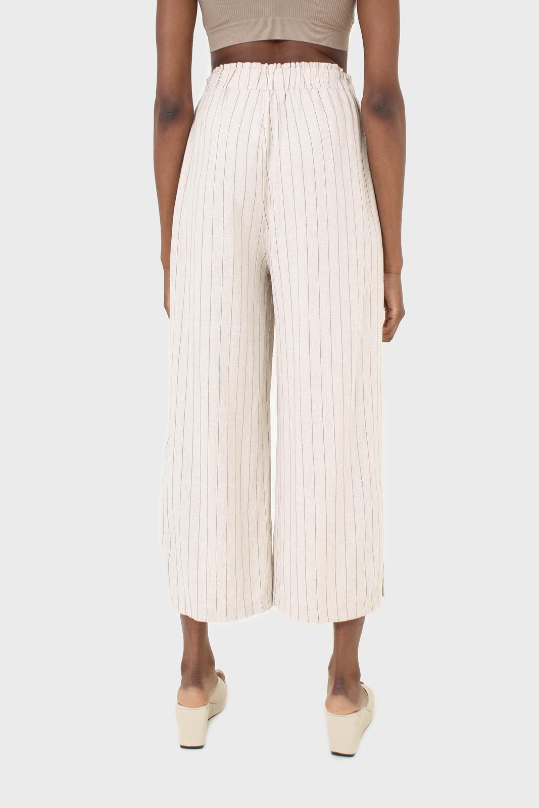 Pale beige pinstripe linen blend side slit trousers