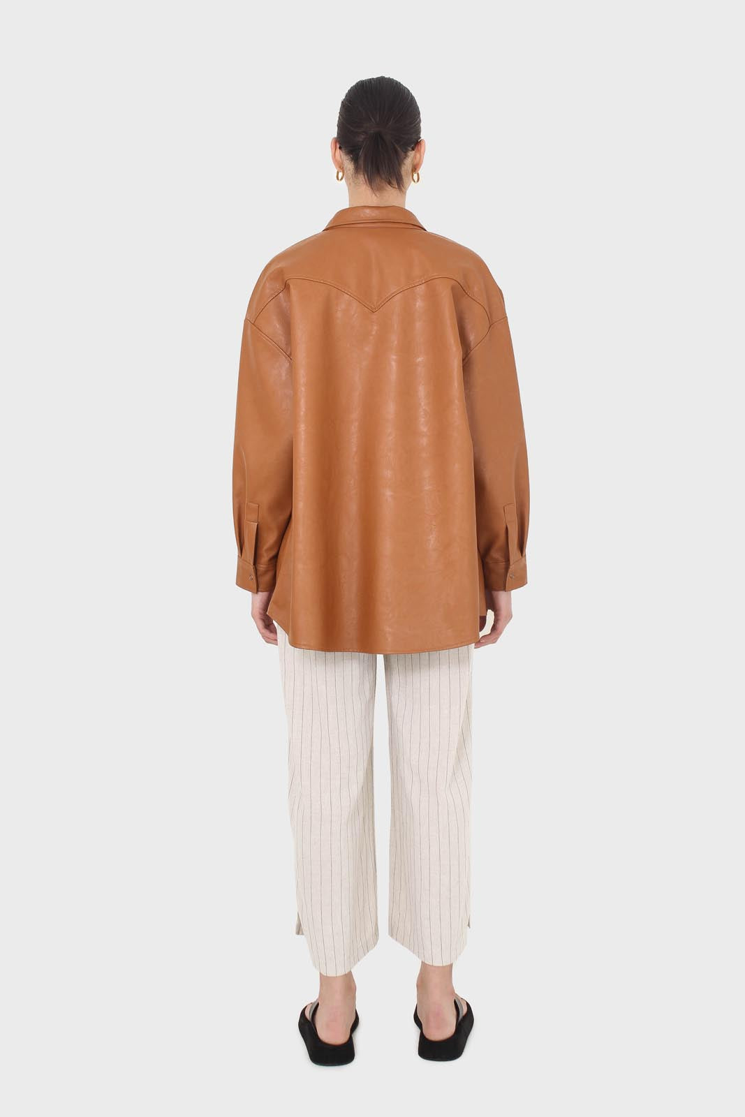 Pale beige pinstripe linen blend side slit trousers