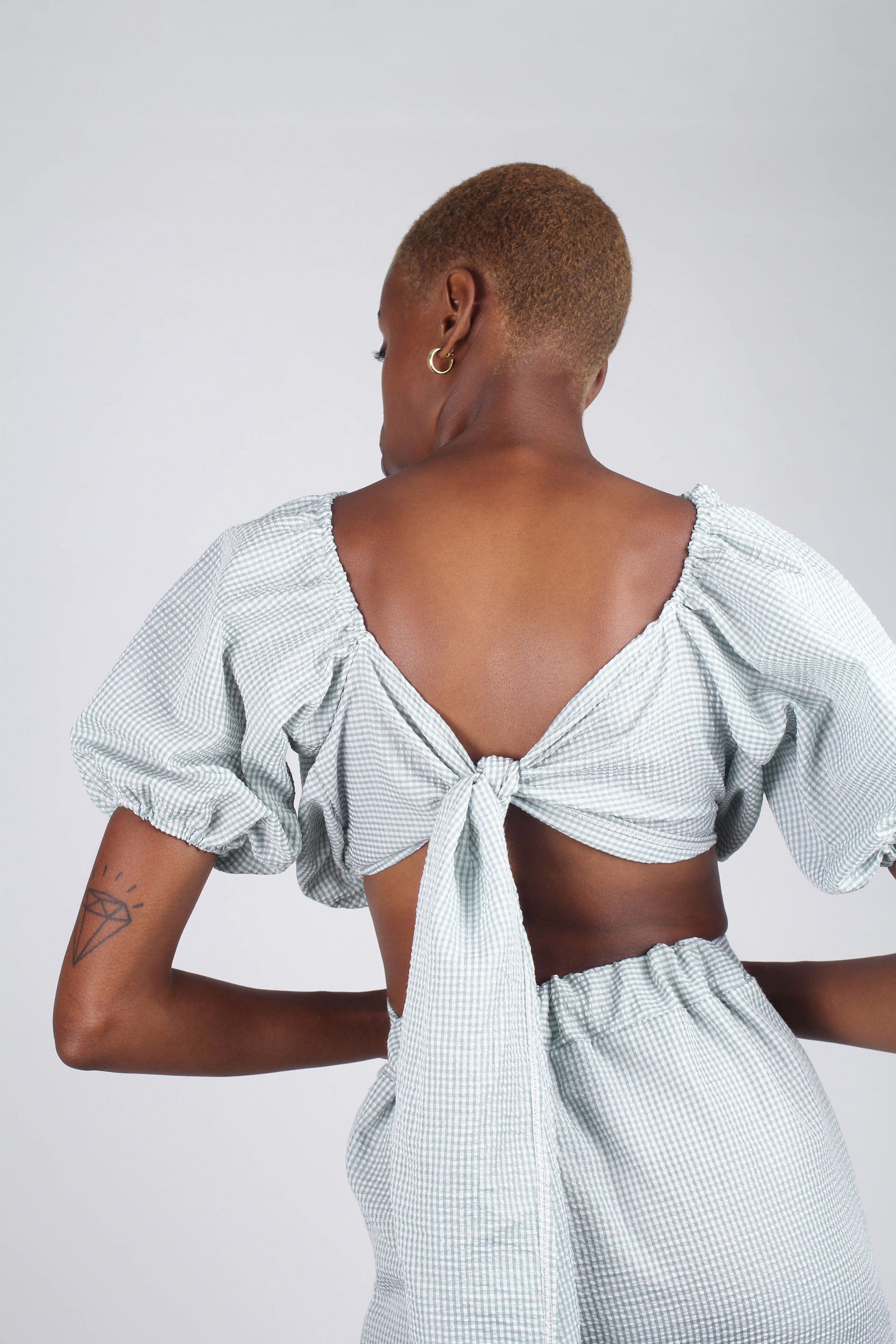 Khaki gingham off shoulder wrap top - set