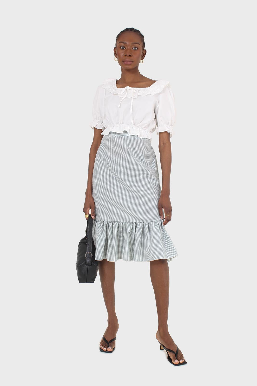 Khaki gingham ruffle tier midi skirt - set