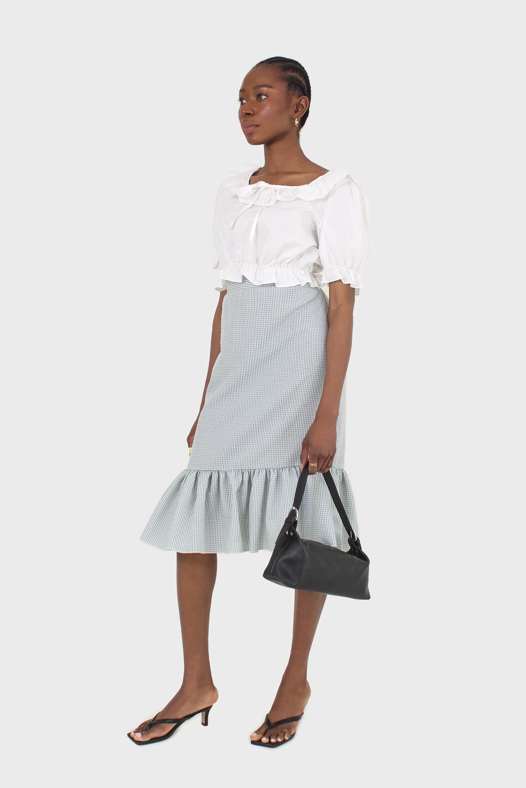 Khaki gingham ruffle tier midi skirt - set