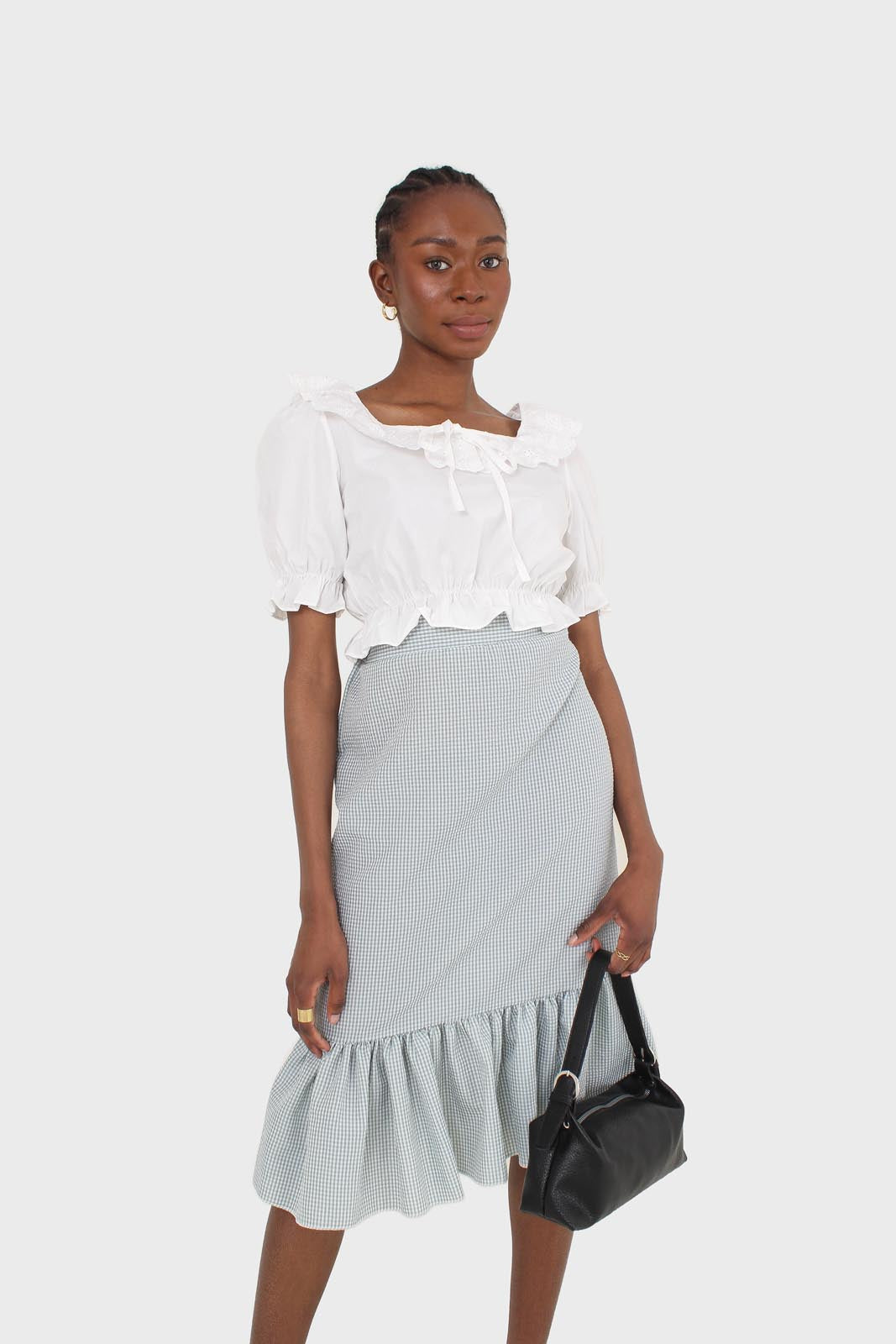 Khaki gingham ruffle tier midi skirt - set