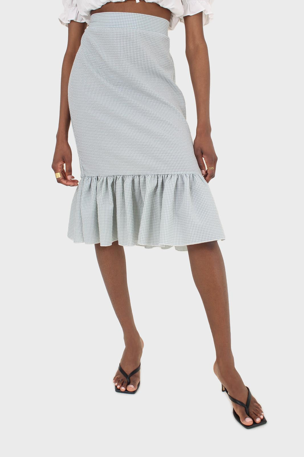 Khaki gingham ruffle tier midi skirt - set