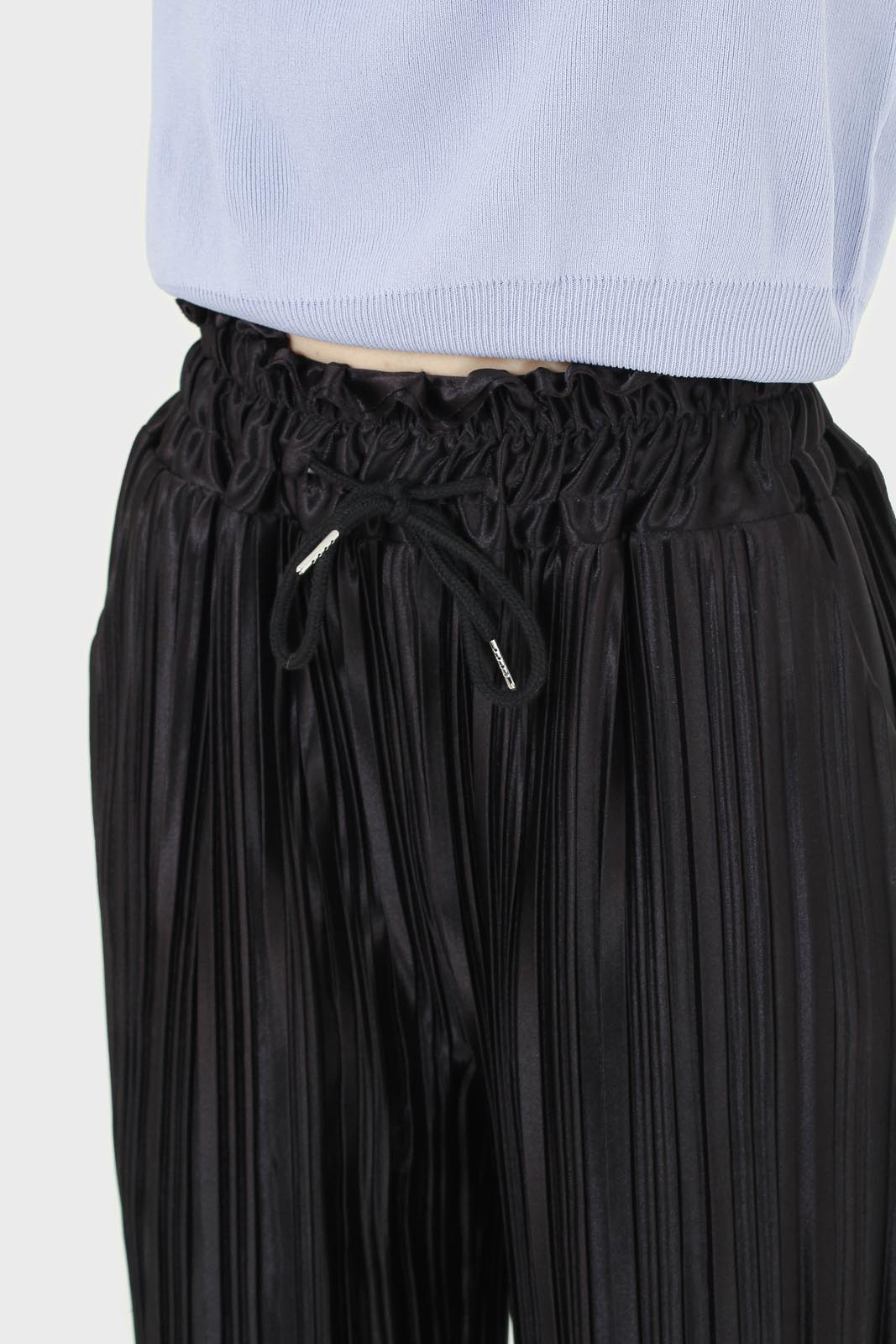 Black micro pleat tie waist trousers