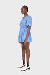 Blue and white floral print tie waist romper