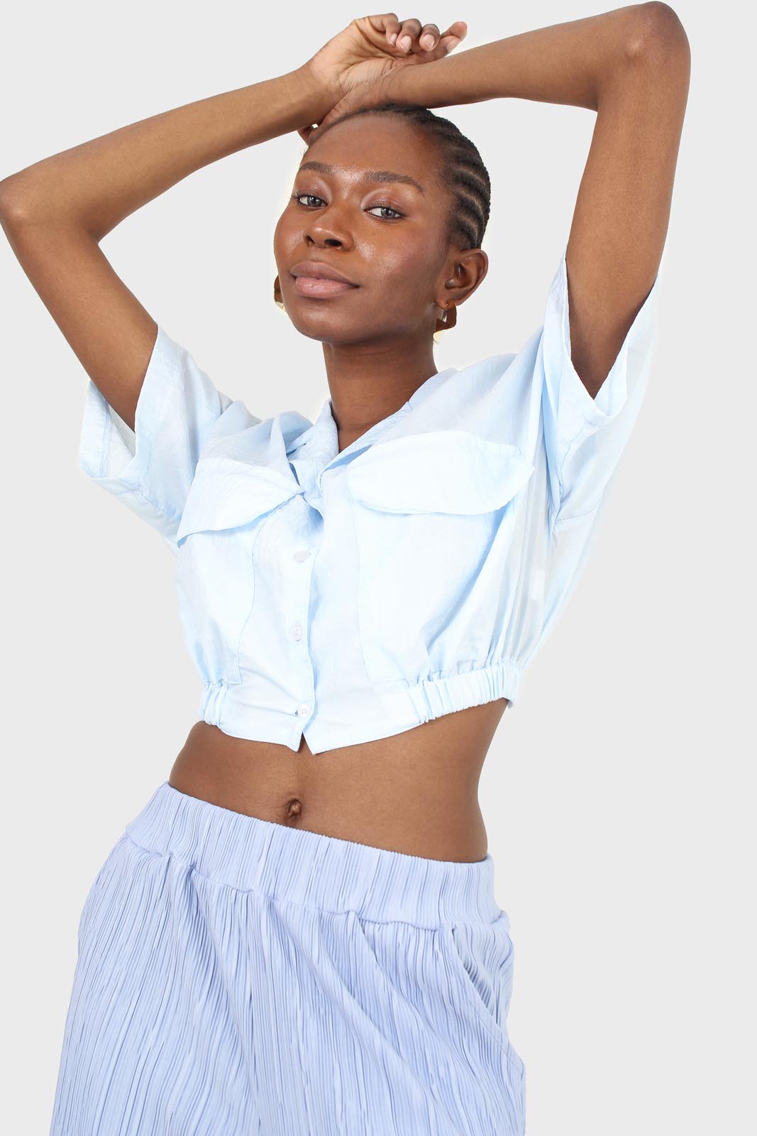 Light blue tie back short sleeved shirt