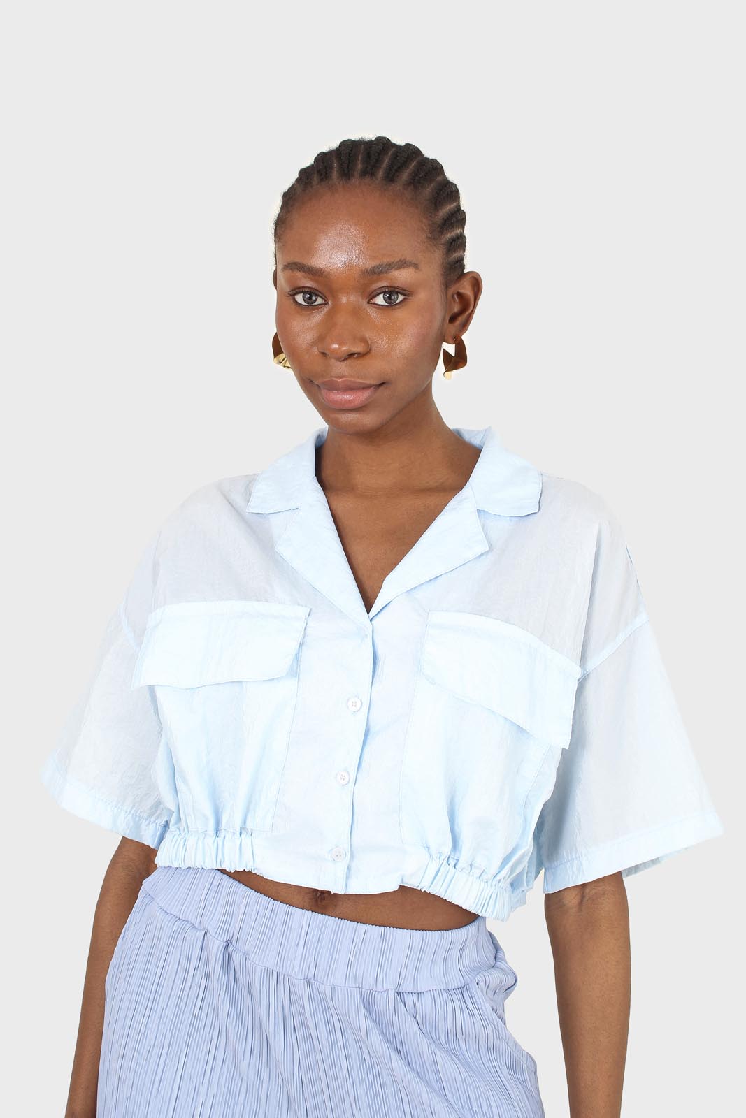 Light blue tie back short sleeved shirt