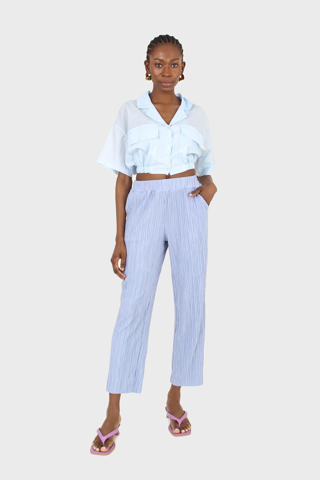Light blue tie back short sleeved shirt
