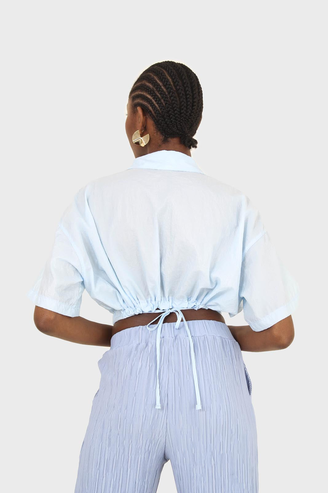 Light blue tie back short sleeved shirt