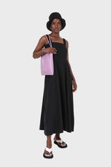 Black open back ruched strap maxi dress