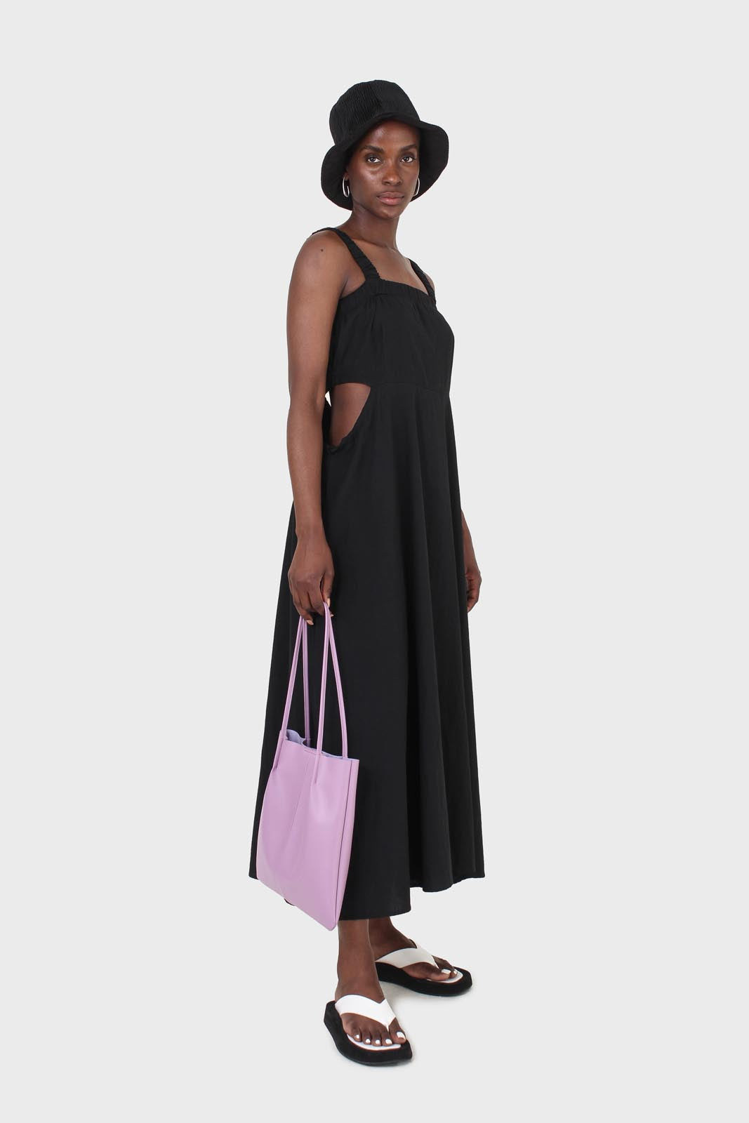 Black open back ruched strap maxi dress