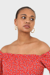 Red floral print off shoulder short sleeved top