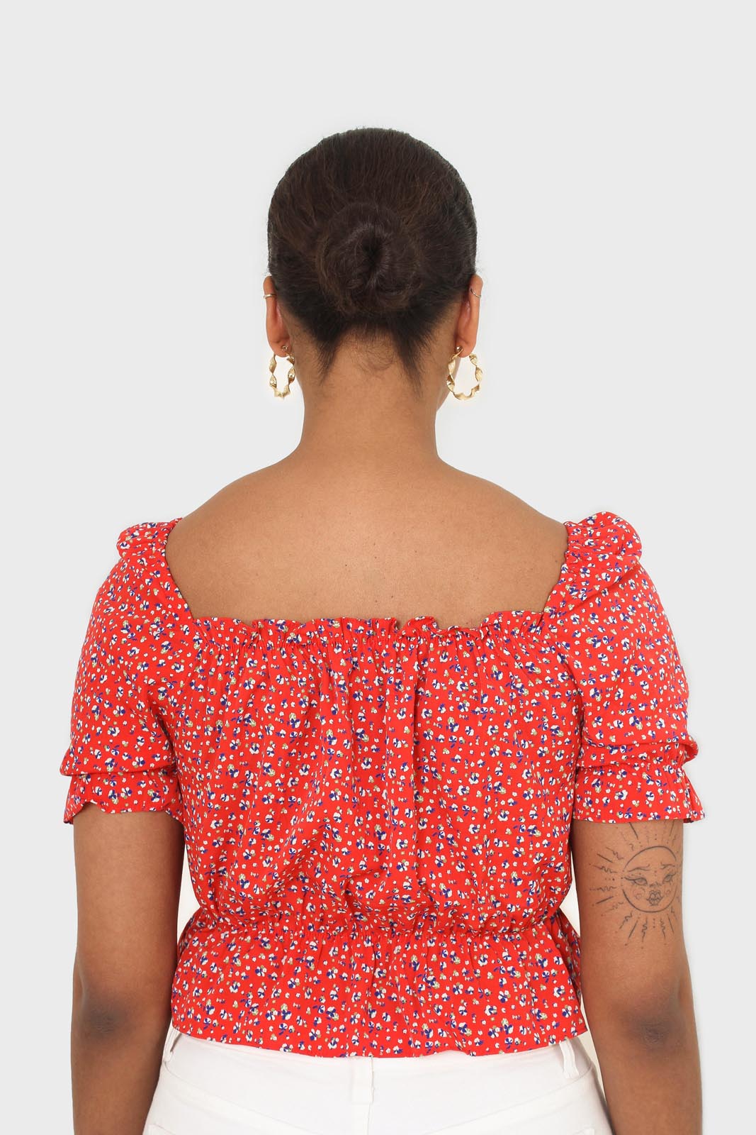 Red floral print off shoulder short sleeved top