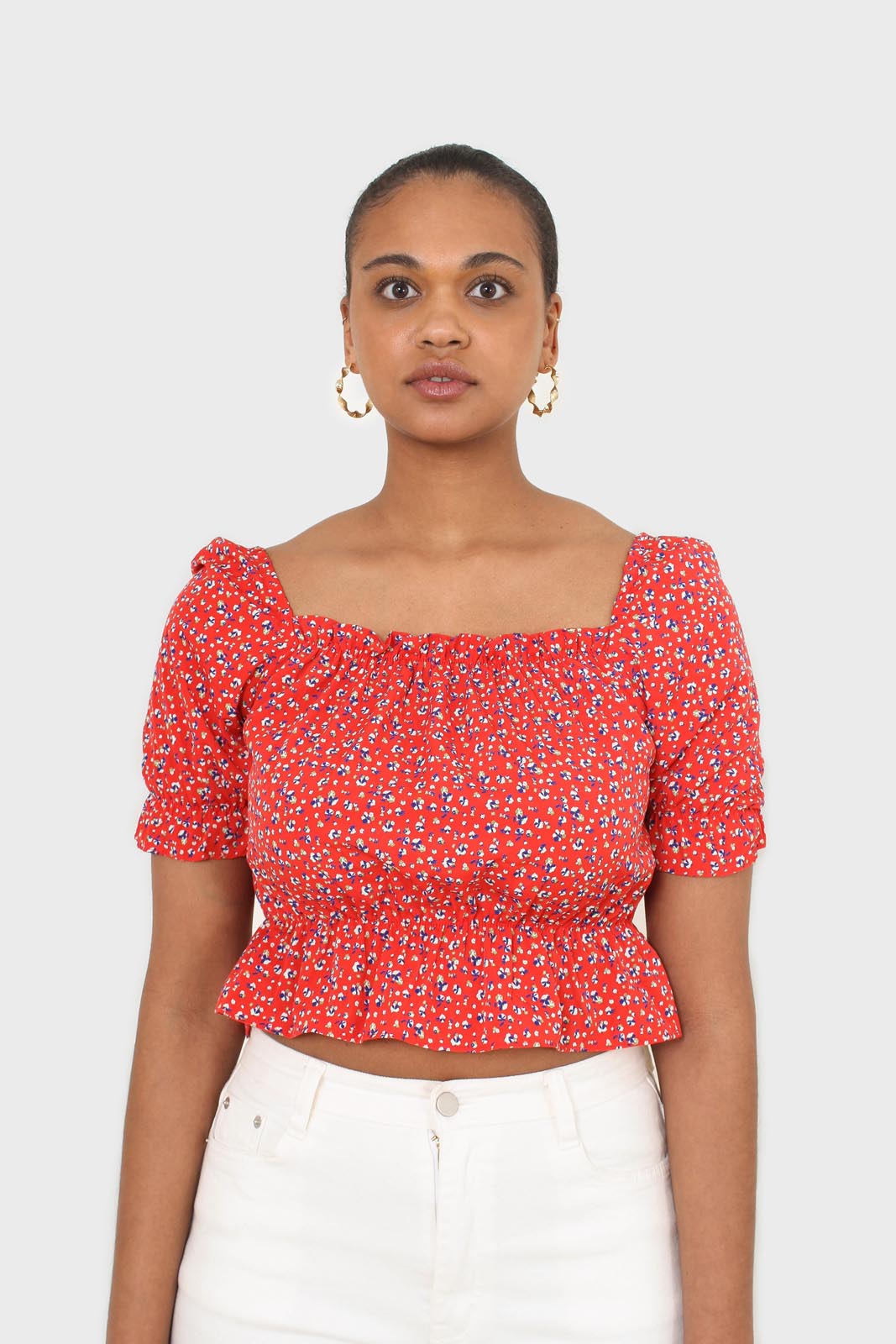 Red floral print off shoulder short sleeved top