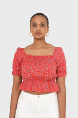 Red floral print off shoulder short sleeved top