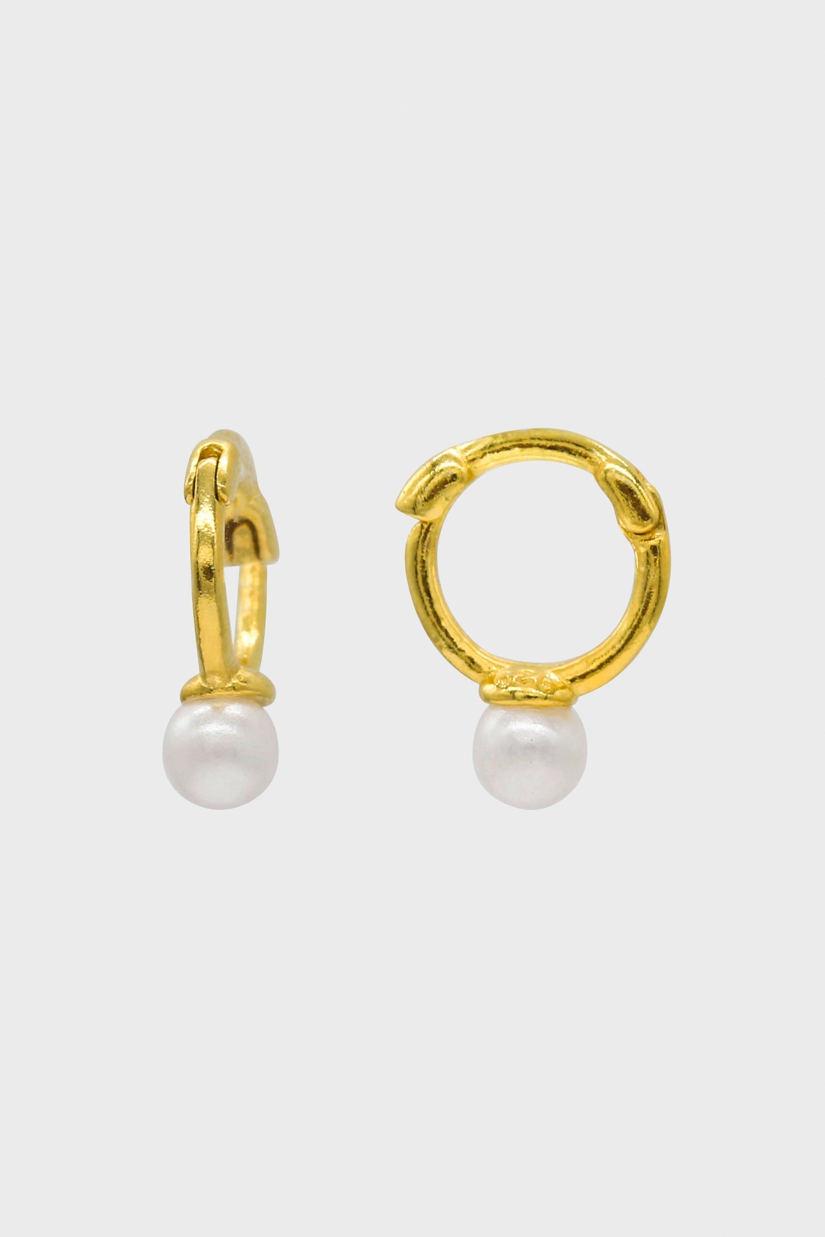 Gold dangling pearl single huggie earring - 4mm