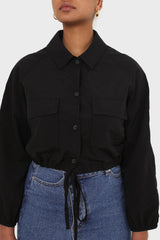 Black drawstring hem shirt jacket