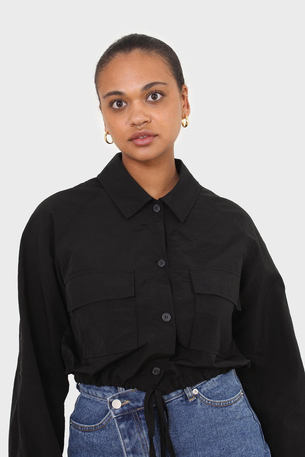 Black drawstring hem shirt jacket