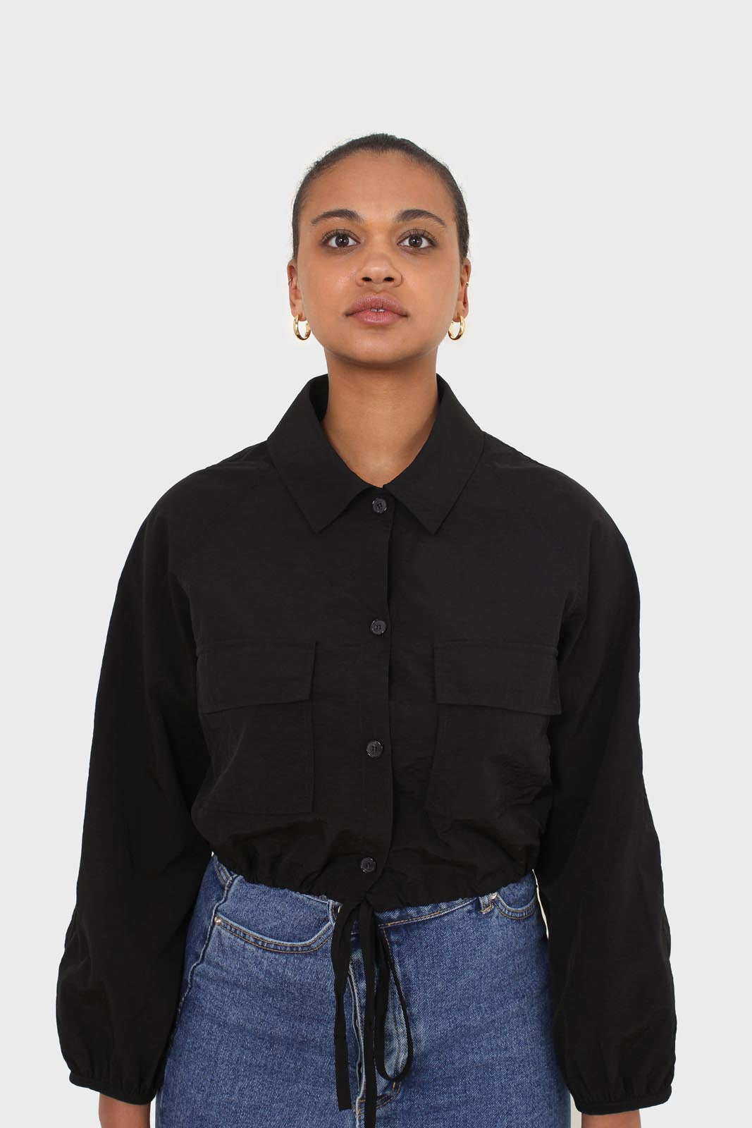 Black drawstring hem shirt jacket