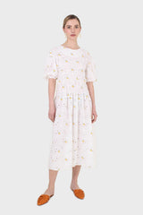 Ivory and yellow embroidered floral lace dress
