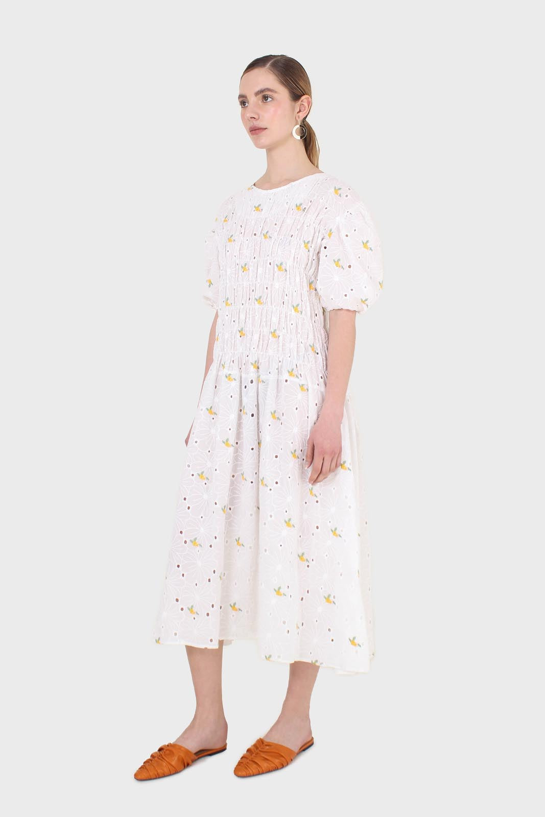 Ivory and yellow embroidered floral lace dress