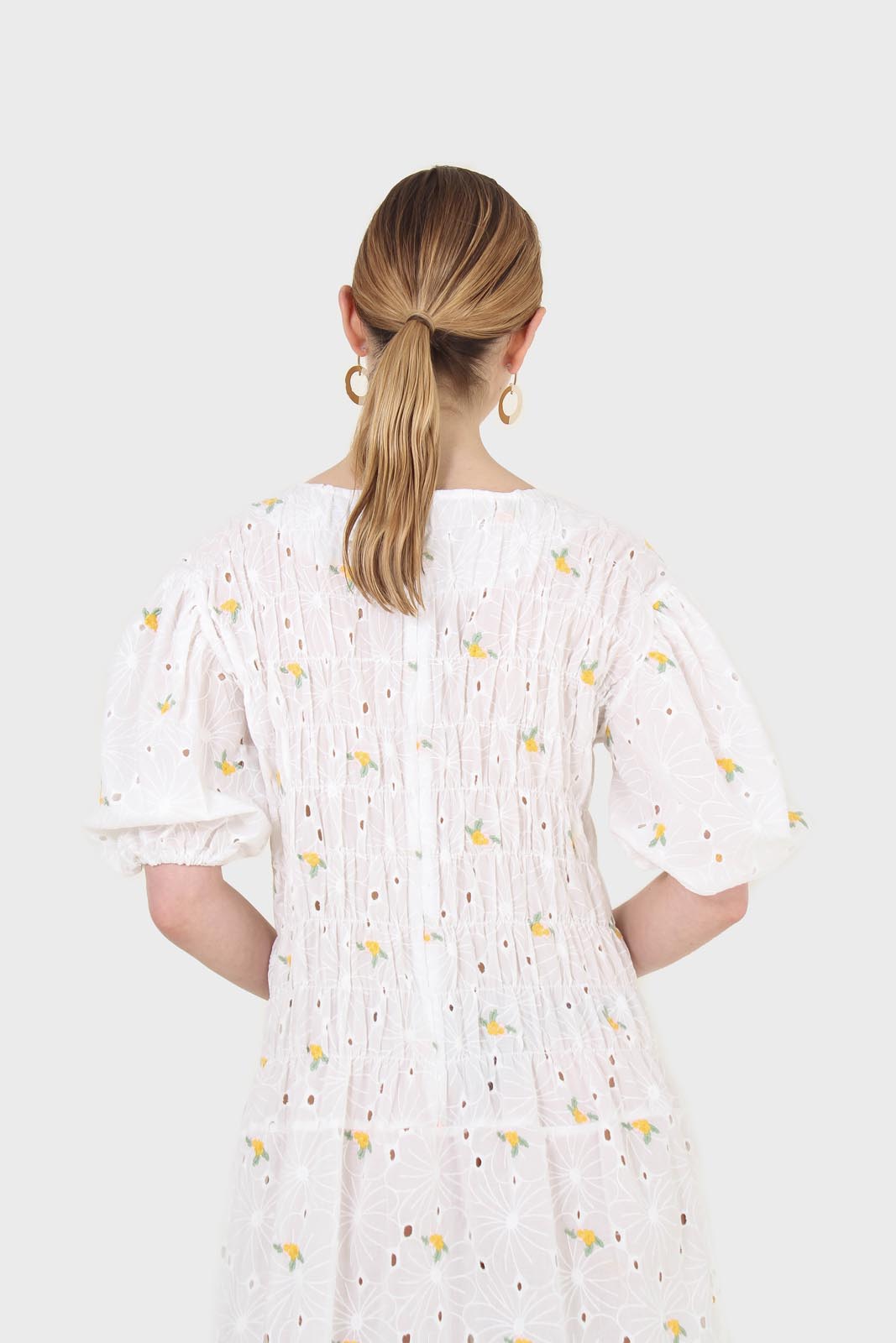 Ivory and yellow embroidered floral lace dress