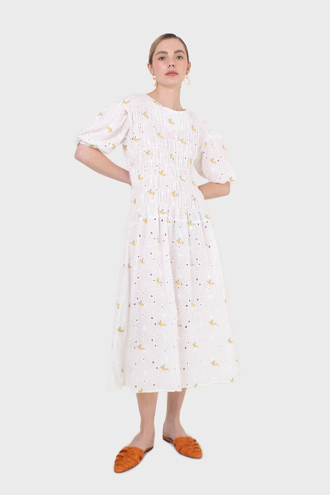 Ivory and yellow embroidered floral lace dress