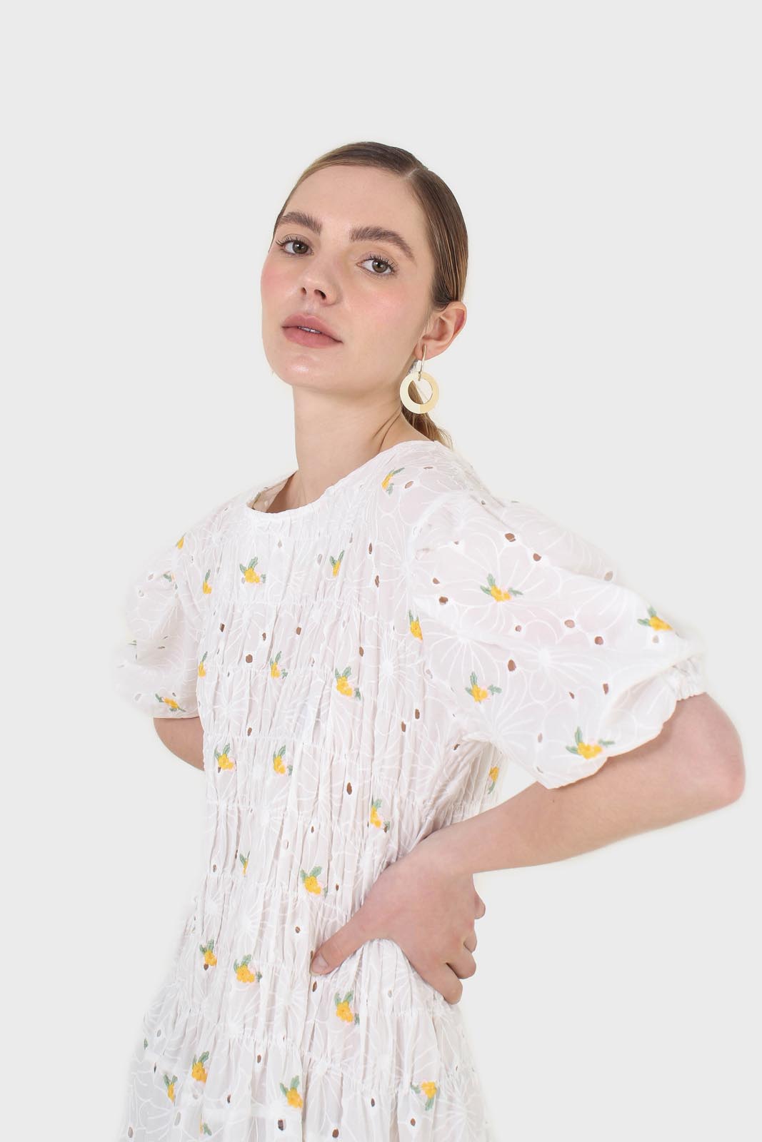 Ivory and yellow embroidered floral lace dress