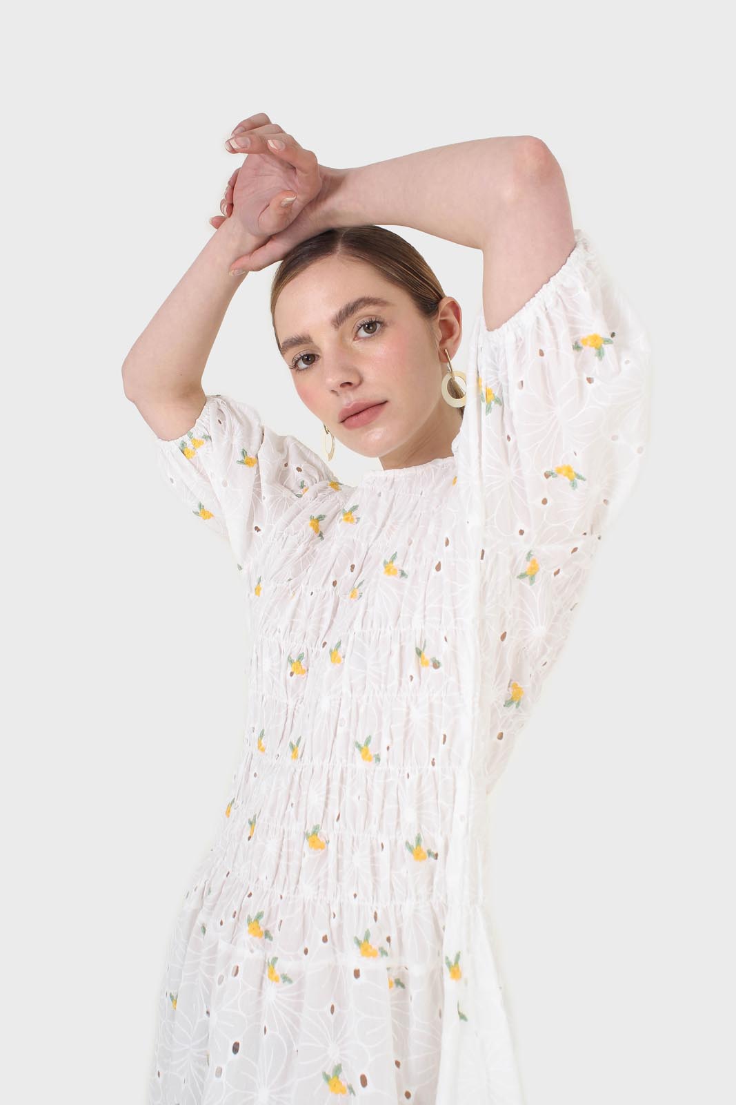 Ivory and yellow embroidered floral lace dress