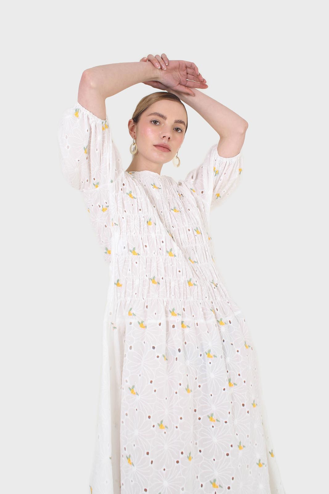 Ivory and yellow embroidered floral lace dress