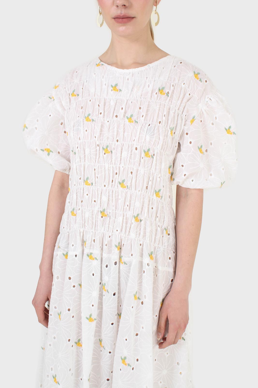 Ivory and yellow embroidered floral lace dress